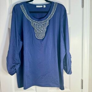 NWOT. Susan Graver Size 3X navy blue Beaded Beautiful Art-to-Wear Blouse